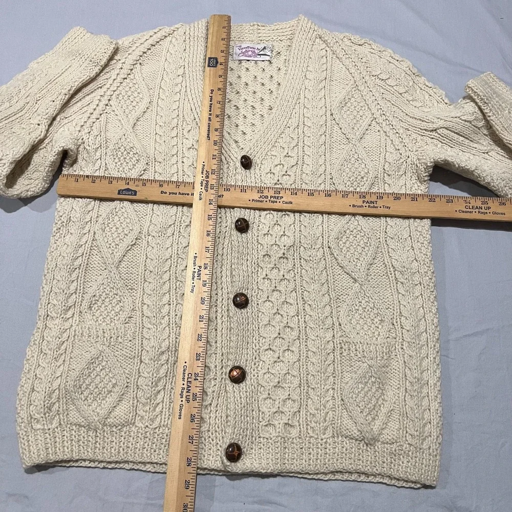 Heather Hill Mens Ivory Hand Chunky Cable Knit Wool Buttons Cardigan Sweater